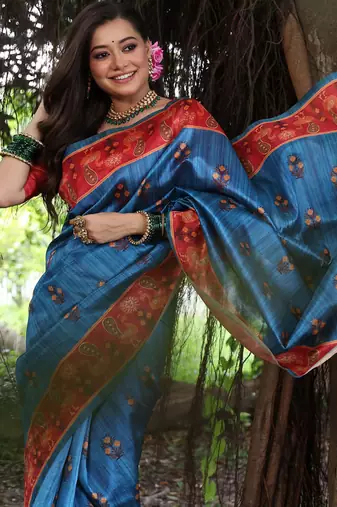 blue tussar silk blend printed saree with blouse
