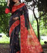 Black tussar silk printed saree with blouse