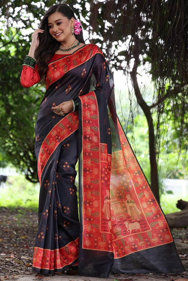 Black tussar silk printed saree with blouse