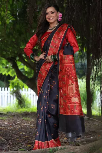black tussar silk blend printed saree with blouse