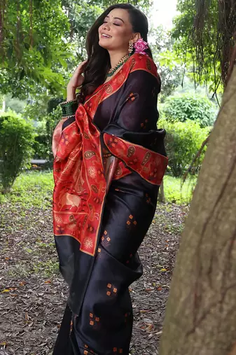 black tussar silk blend printed saree with blouse