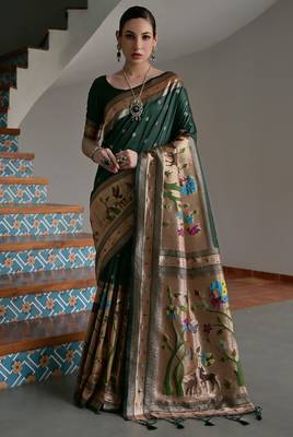green silk blend paithani woven saree with blouse 1