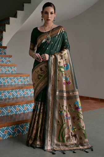 green silk blend paithani woven saree with blouse