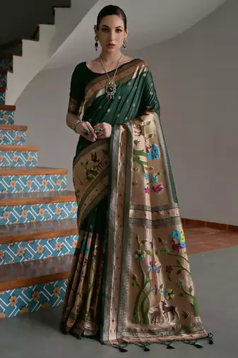 Green banarasi silk paithani woven saree with blouse