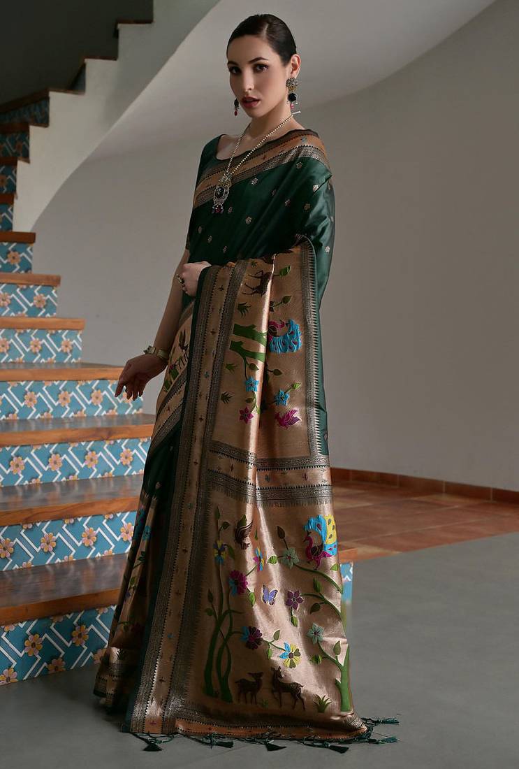 Green banarasi silk paithani woven saree with blouse