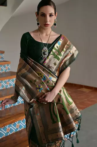 green silk blend paithani woven saree with blouse