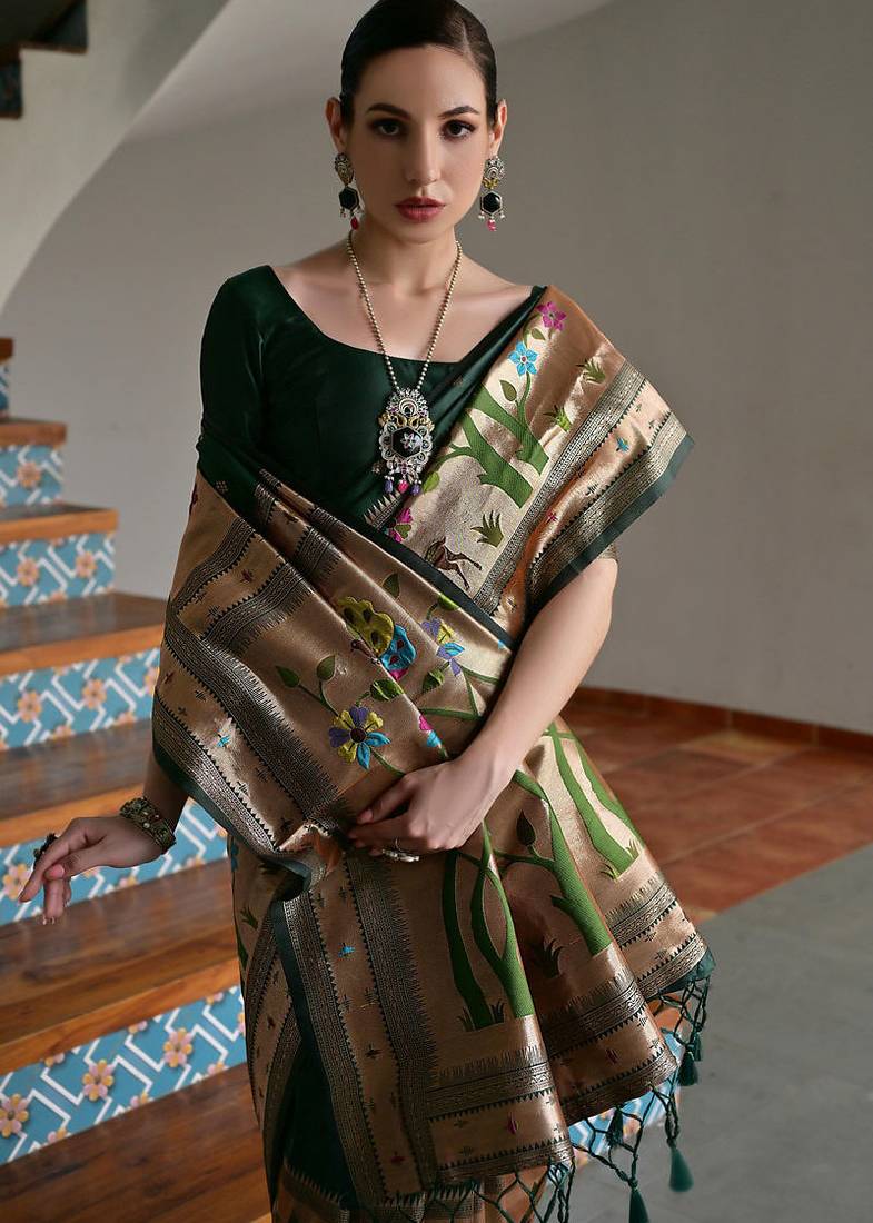 Green banarasi silk paithani woven saree with blouse