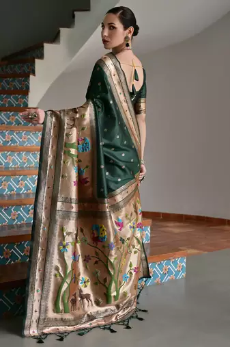 green silk blend paithani woven saree with blouse