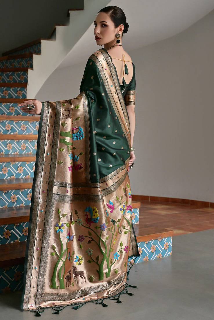 Green banarasi silk paithani woven saree with blouse