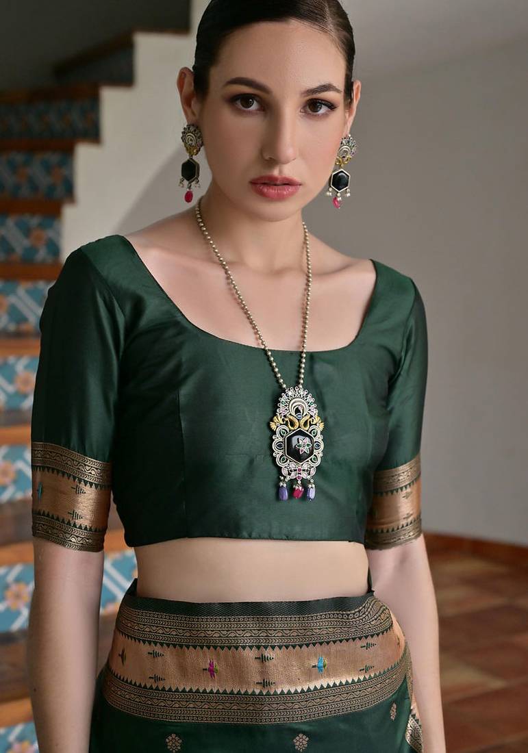 Green banarasi silk paithani woven saree with blouse