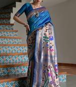 Blue banarasi silk paithani woven saree with blouse