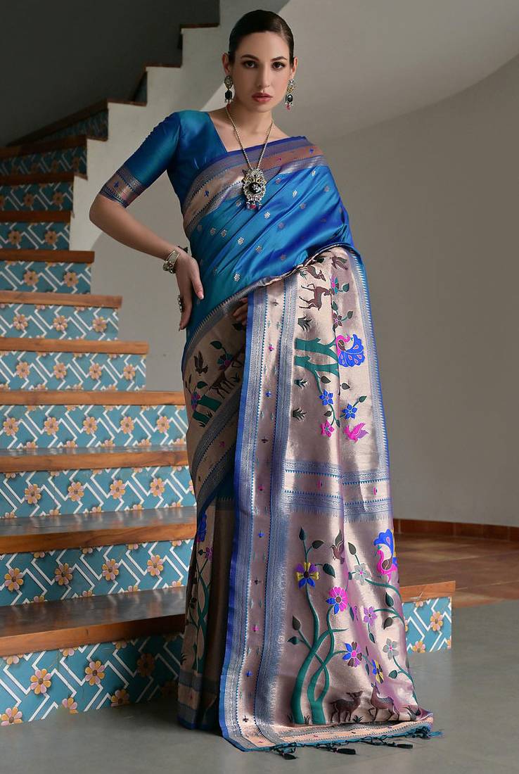 Blue banarasi silk paithani woven saree with blouse