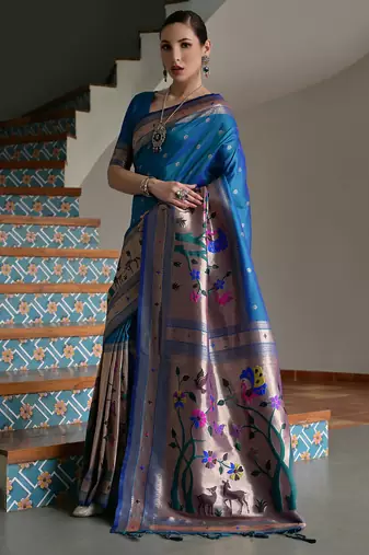 blue silk blend paithani woven saree with blouse