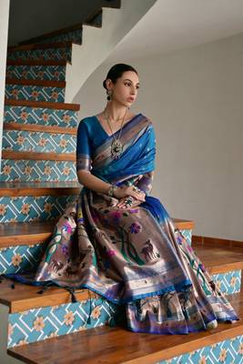 blue silk blend paithani woven saree with blouse 3