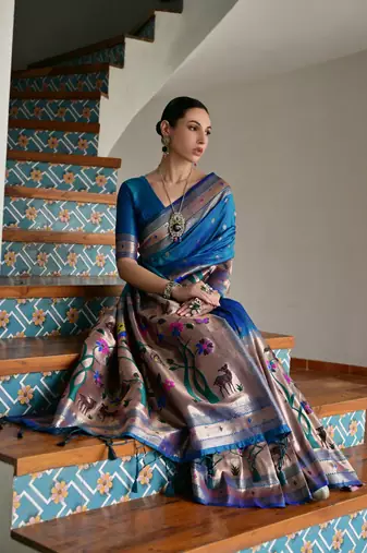 blue silk blend paithani woven saree with blouse