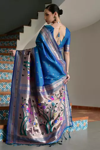 blue silk blend paithani woven saree with blouse