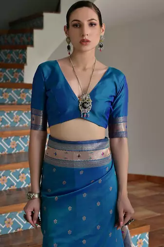 blue silk blend paithani woven saree with blouse