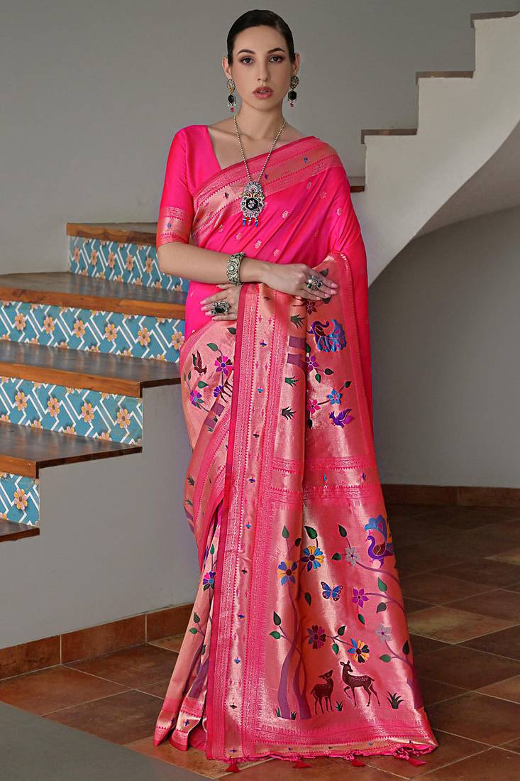Rani pink banarasi silk paithani woven saree with blouse
