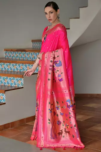 rani pink silk blend paithani woven saree with blouse
