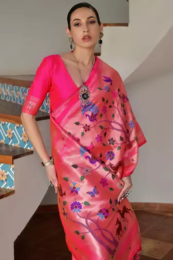 rani pink silk blend paithani woven saree with blouse