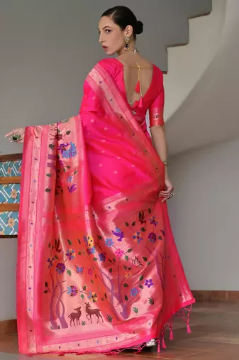 rani pink silk blend paithani woven saree with blouse