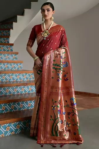 maroon silk blend blend paithani woven saree with blouse