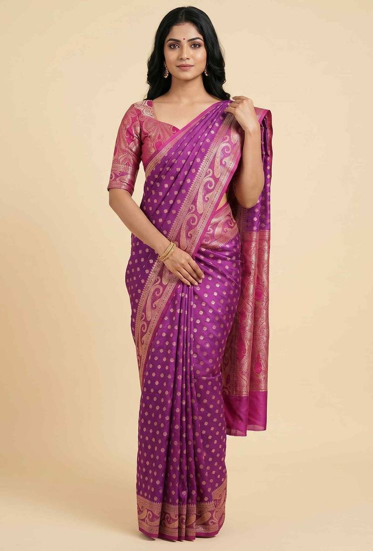 Banarasi cotton silk saree in magenta  with   zari booti   work