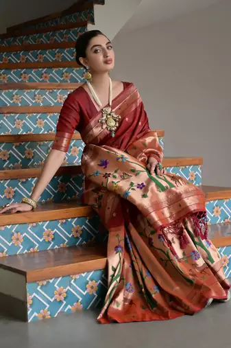 maroon silk blend blend paithani woven saree with blouse