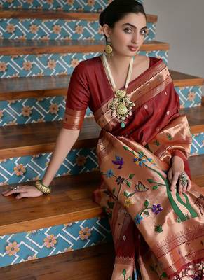 maroon silk blend blend paithani woven saree with blouse 3