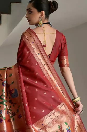 maroon silk blend blend paithani woven saree with blouse