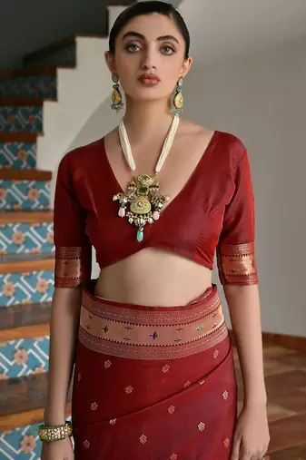 maroon silk blend blend paithani woven saree with blouse