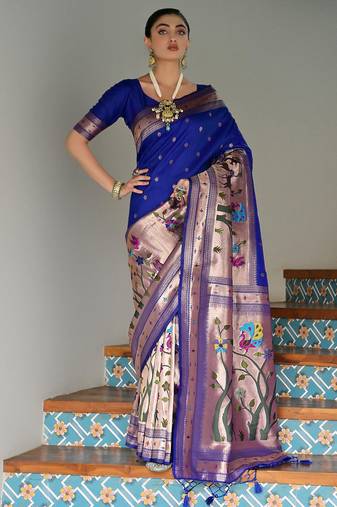 Royal blue banarasi silk paithani woven saree with blouse