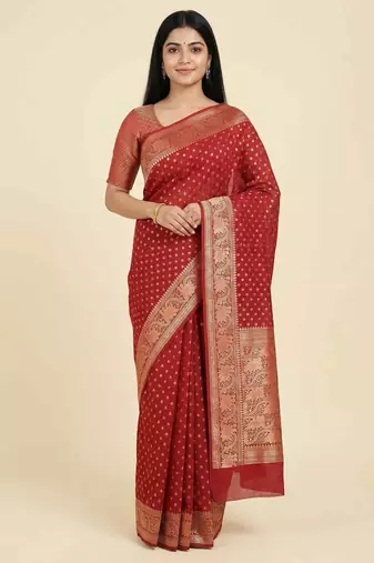 Banarasi cotton silk saree in red  with   zari booti   work