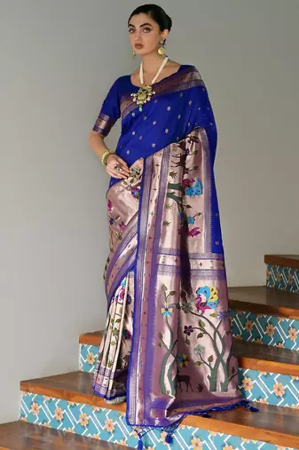 royal blue silk blend paithani woven saree with blouse