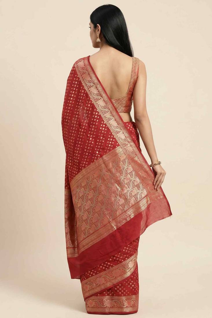 Banarasi cotton silk saree in red  with   zari booti   work