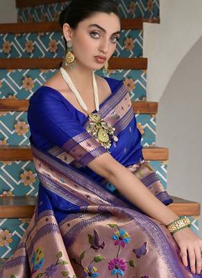 royal blue silk blend paithani woven saree with blouse 3