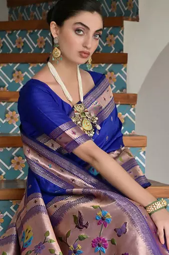 royal blue silk blend paithani woven saree with blouse