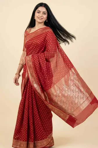 Banarasi cotton silk saree in red  with   zari booti   work