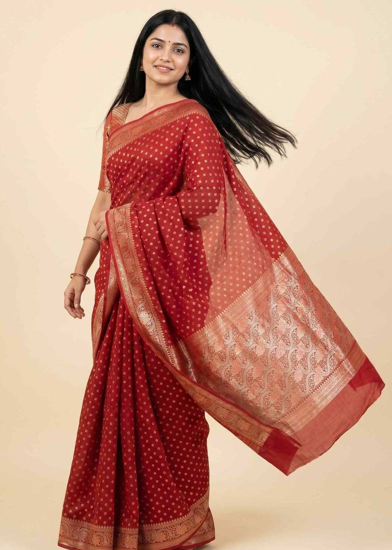 Banarasi cotton silk saree in red  with   zari booti   work