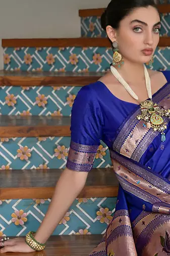 royal blue silk blend paithani woven saree with blouse
