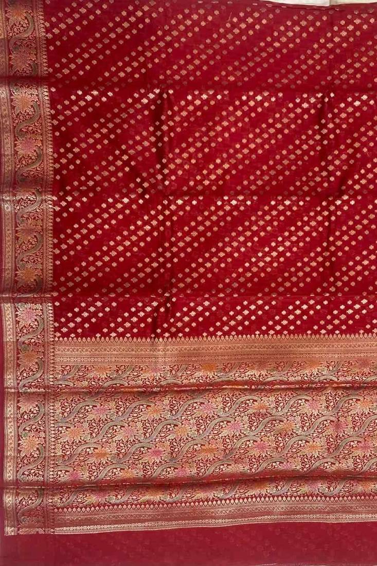 Banarasi cotton silk saree in red  with   zari booti   work