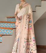 Cream banarasi silk paithani woven saree with blouse