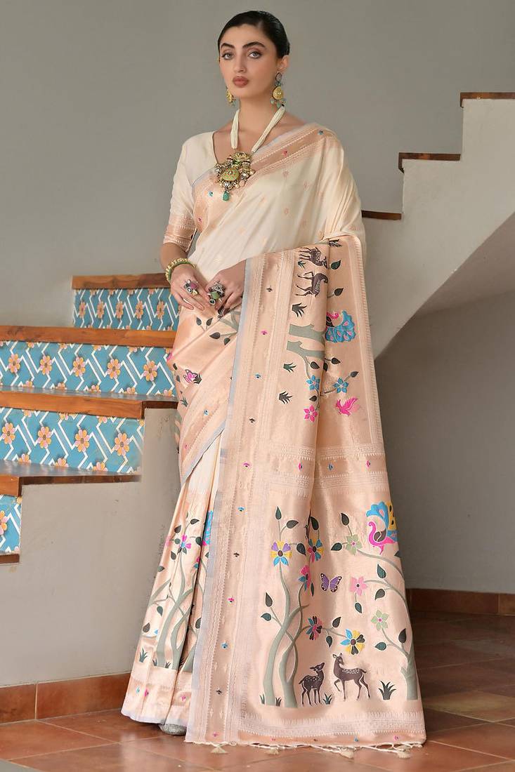 Cream banarasi silk paithani woven saree with blouse
