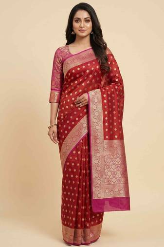 Banarasi cotton silk saree in red  with   zari booti   work