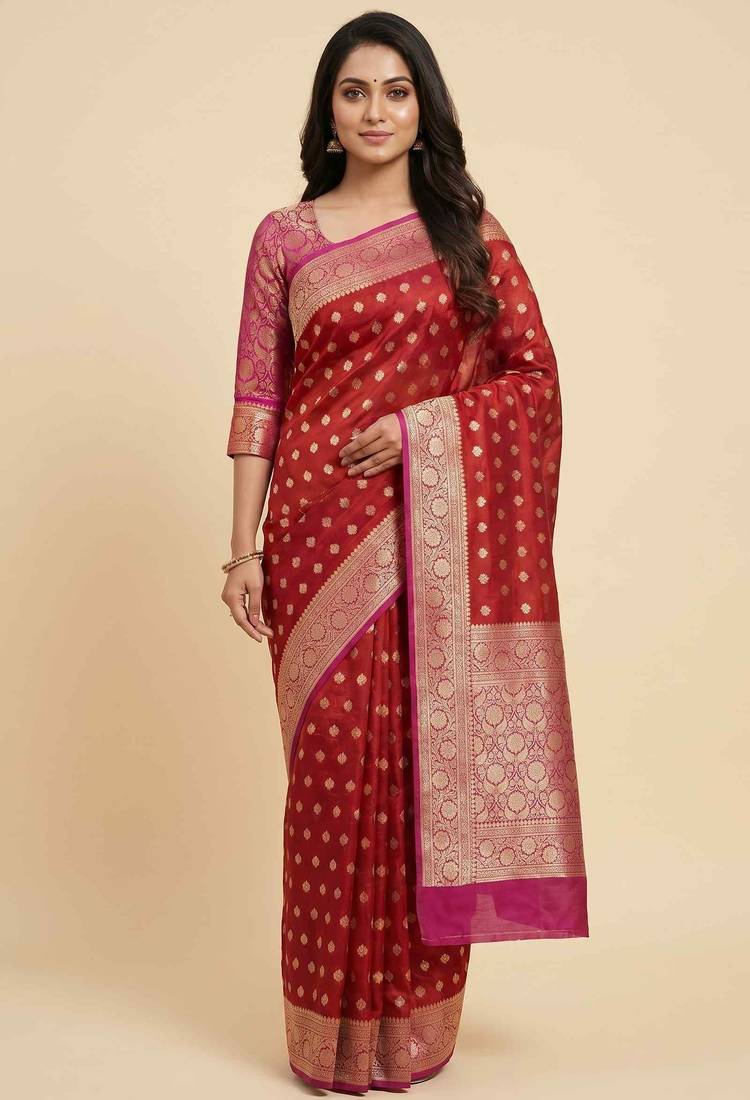 Banarasi cotton silk saree in red  with   zari booti   work