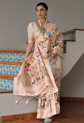 cream silk blend paithani woven saree with blouse 2