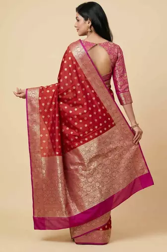 Banarasi cotton silk saree in red  with   zari booti   work