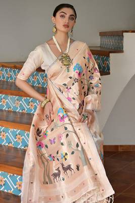 cream silk blend paithani woven saree with blouse 3