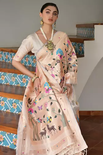 cream silk blend paithani woven saree with blouse