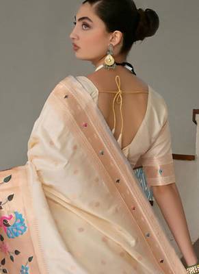 cream silk blend paithani woven saree with blouse 4
